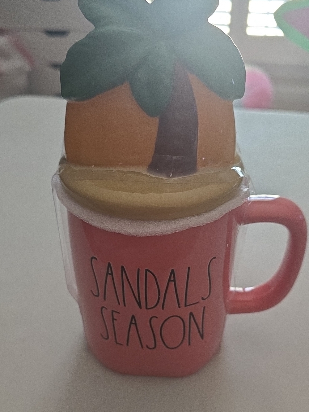 Rae Dunn Pink 'Sandals Season' Ceramic Holiday Mug with Palm Lid